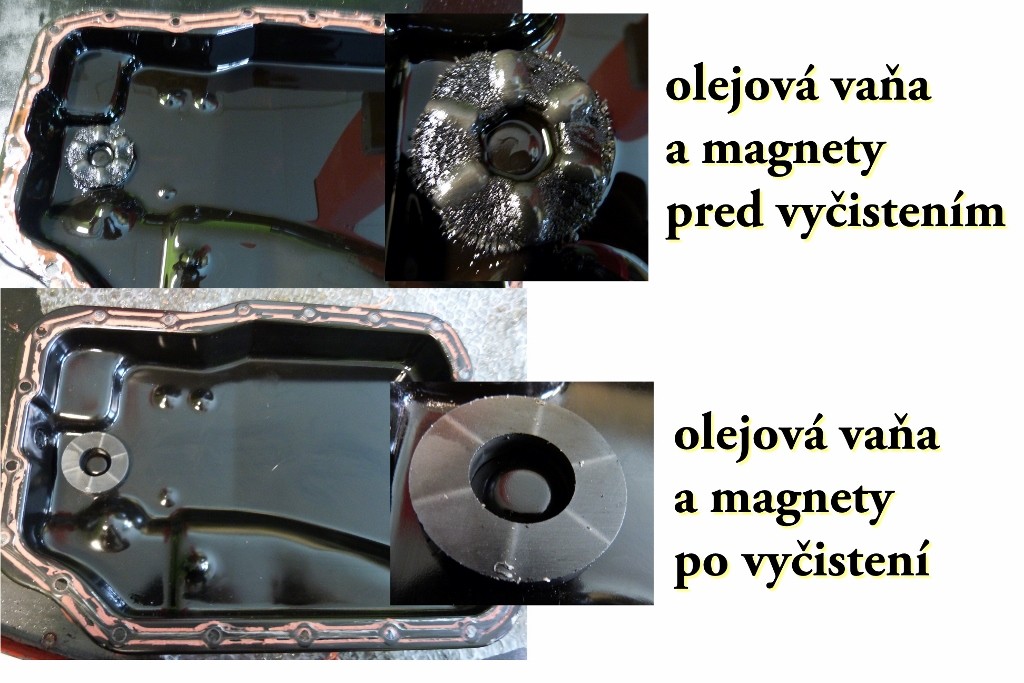Mazda porovnanie olejovej vane pred a po manuálnom vyčistení počas výmeny prevodového oleja